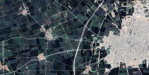 Bild auf Leinwand Suruç District Agricultural Fields and Rural Settlement Aerial Satellite View, Ş