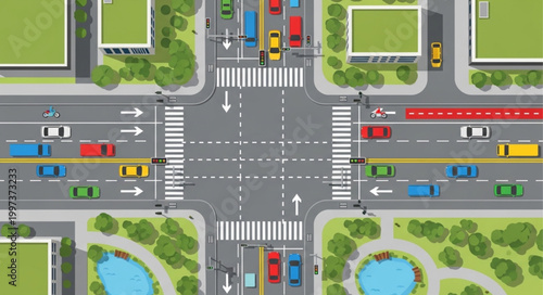Busy City Intersection with Traffic Flow and Pedestrian Crossings.