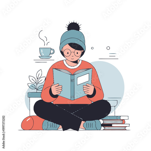 Woman reading a book sitting down.