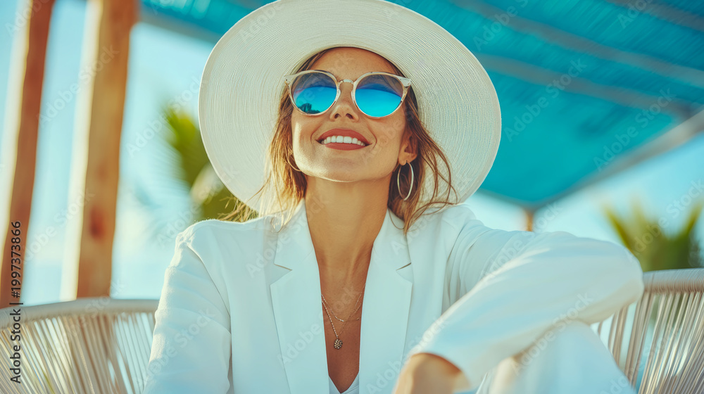 Fototapeta premium Elegant woman in white attire, large brim hat, and blue sunglasses smiling brightly under sunny sky at luxurious outdoor resort, exuding confidence and relaxation.