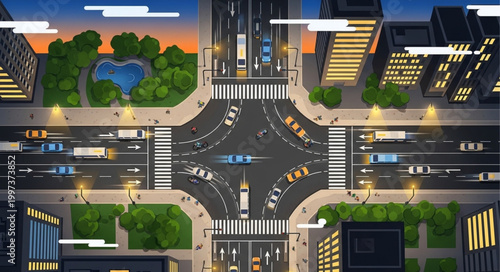 Busy City Intersection at Dusk with Traffic and Buildings.