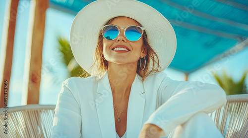 Elegant woman in white attire, large brim hat, and blue sunglasses smiling brightly under sunny sky at luxurious outdoor resort, exuding confidence and relaxation.