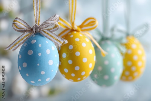 Easter eggs ornaments with intricate patterns and polka dot hanging on strings from top close-up. Spring home decoration. Pastel colors. Bright interior background. Celebrating the Easter holiday.