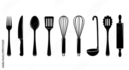 Collection of Kitchen Utensils Silhouettes Isolated on White Background.