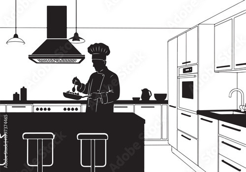 Chef prepares food in modern kitchen interior with cooking