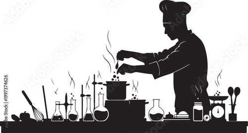 Chef stirring pot on stove with kitchen utensils and cooking