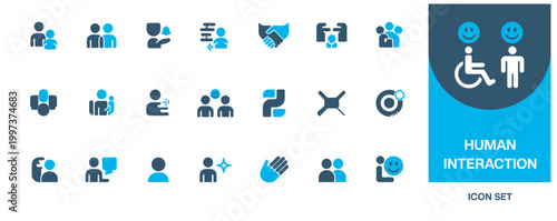Human interaction icon set with diverse people, teamwork, and accessibility symbols