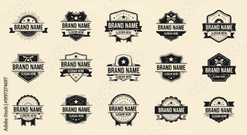 Collection of vintage brand name logos and badges.