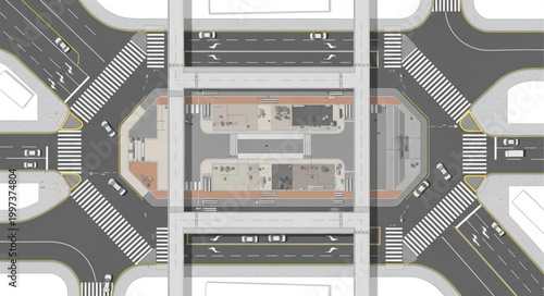 Quadro em tela Aerial view of a busy city intersection with traffic and crosswalks