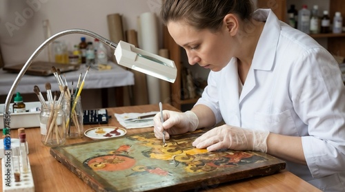 Conservation specialist carefully restoring ancient artifact in museum laboratory, protective gear, focused expression
