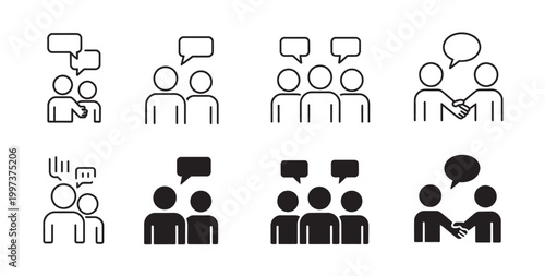 Icons depicting communication, discussion, and collaboration among people in various group settings.