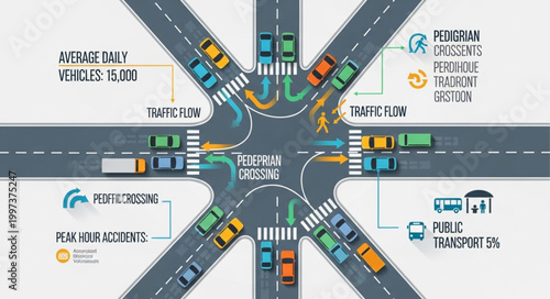 Complex intersection with traffic flow and public transport illustration.