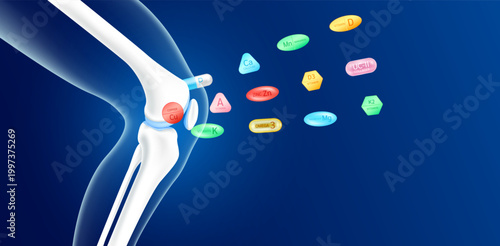 Pill capsule drug Vitamins minerals calcium zinc and magnesium absorbed into the bone knee joint cartilage. Healthy human skeleton anatomy on blue background. 3D vector.