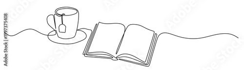continuous single line drawing of an open book and a cup of hot drink. vector image on a white background