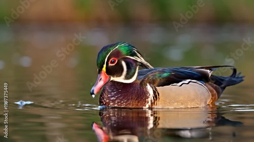 Colorful male wood duck (Aix sponsa) floating on a calm lake with soft ripples and reflections of its iridescent green crest and red eyes against a blurred natural background.