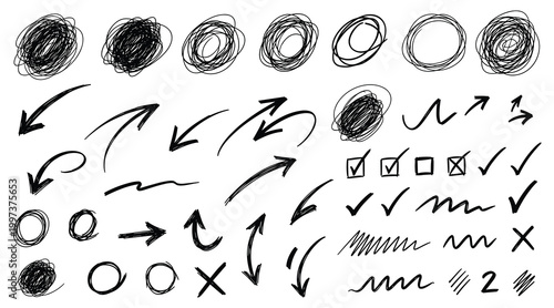 Doodle marks vector illustration ink sketch arrows boxes checks crosses circles notes