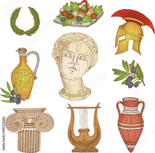 Vintage greek culture set with statue head amphora and spartan helmet vector