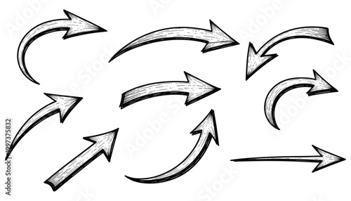 Arrows sketch black set vector illustration for directional emphasis and ui