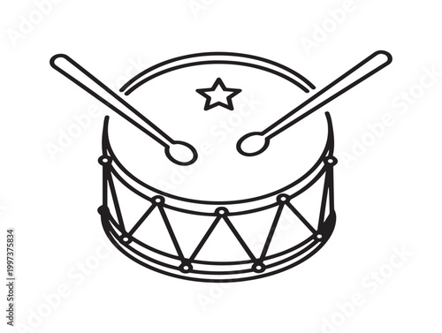 Simple line drawing of a bass drum with drumsticks and a star motif