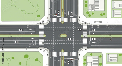 Aerial view of a busy city intersection with traffic and crosswalks.