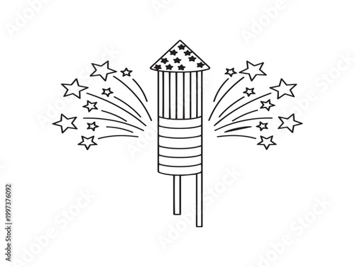 Black and white illustration of a firework rocket with sparkling starbursts radiating outward