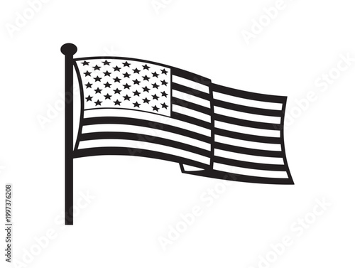 A black and white illustration of the american flag waving proudly on a flagpole