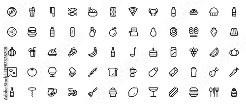 Food and Restaurant Icon Set. Vector Collection of Culinary Symbols Including Pizza, Burger, Sushi, Salad, Beverages, Ingredients and Kitchen Tools. Editable Line Icons.