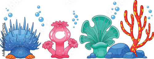 Cartoon coral reef elements set with colorful sea plants, underwater flora, and marine decorations illustrating ocean life, aquatic environment, and vector illustration