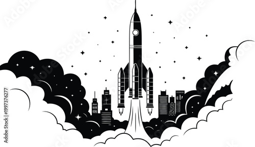 Bold black and white rocket launch graphic soaring above a modern city with starry night sky