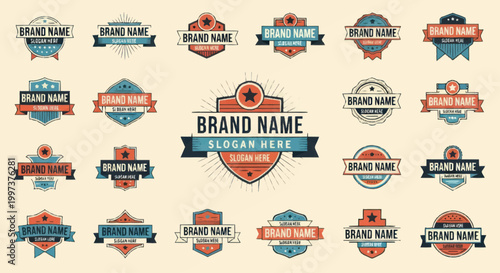 Collection of vintage brand name emblems and badges.