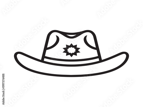 Simple line drawing of a classic cowboy hat with a star emblem