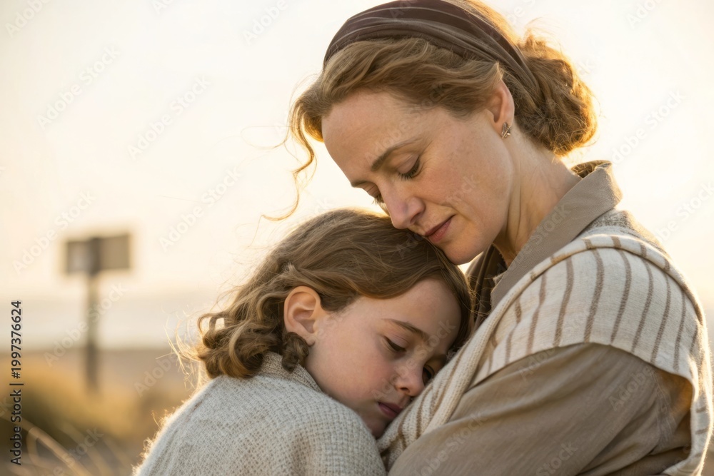 Fototapeta premium Tender Moment Between Mother and Daughter in Soft Light at Dusk Emphasizing Emotional Connection
