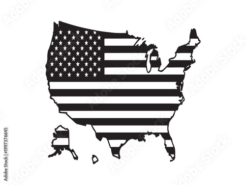 United states map composed of american flag stripes and stars black and white