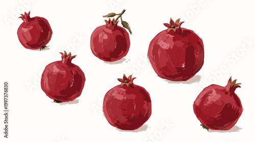 Fresh ripe pomegranates arranged artistically on a white background, showcasing vibrant red fruit with detailed texture and natural appeal