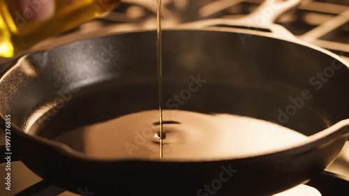 Cooking Oil Pouring into Cast Iron Skillet on Stovetop