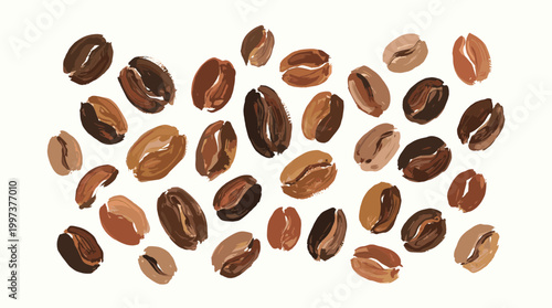 A vibrant collection of roasted coffee beans scattered across a clean white background, showcasing their rich brown hues and diverse textures ideal for culinary or beverage themes.