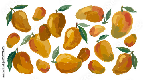 Vibrant collection of ripe mangoes with green leaves, hand-drawn illustration style, perfect for summer fruit themes and healthy eating concepts