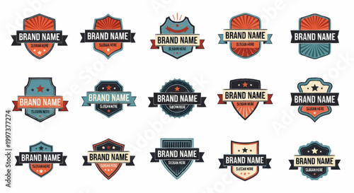 Collection of shield emblems with brand name banners.