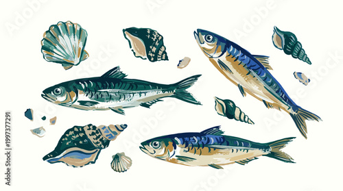 Watercolor illustration of fresh fish and seashells on a plain background, perfect for culinary or marine themes
