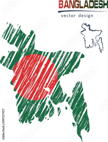 A simple vector illustration of Bangladesh map filled with the national flag colors representing geography and country symbol