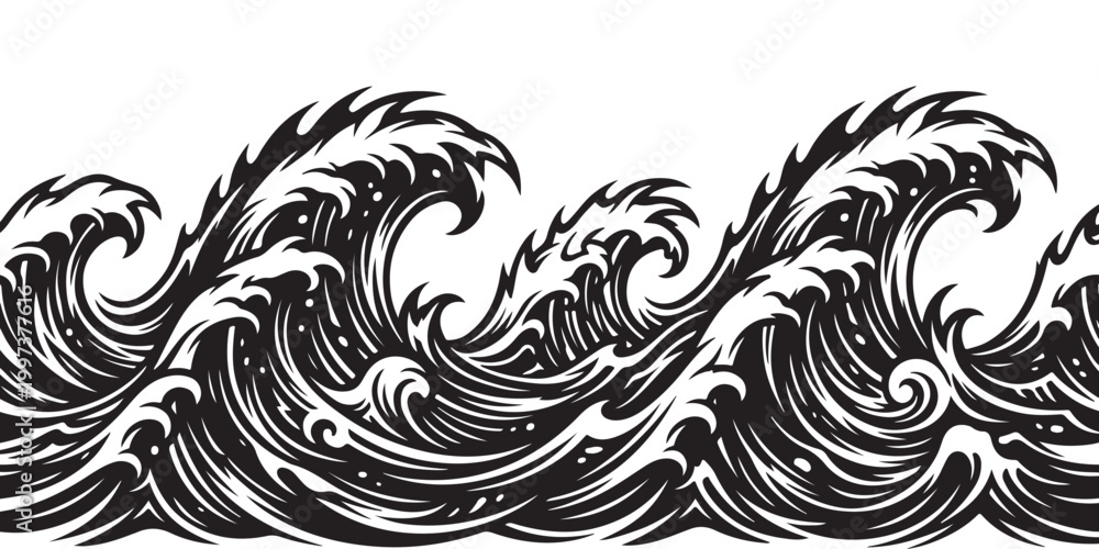 Fototapeta premium Black and White Ocean Wave Illustration