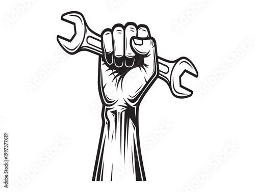 Powerful symbol of labor a hand firmly gripping two wrenches in a black and white illustration
