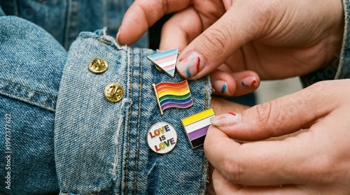 Quadro em tela LGBTQ+ Pride Support: Close Up of Enamel Pride Flags on a Denim Jacket