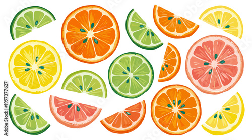 Vibrant Assortment of Fresh Citrus Fruit Slices Including Oranges Lemons Limes and Grapefruits Isolated on White Background