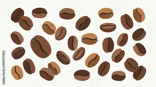 Scattered coffee beans on a white background, representing the raw ingredient for a morning brew or a cozy cafe atmosphere.
