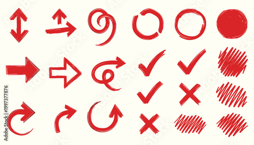 Red thick brush arrows and highlight circles for attention grabbing vector illustration on white