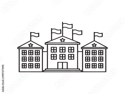 Line art illustration of a stately building with flags representing government or institution