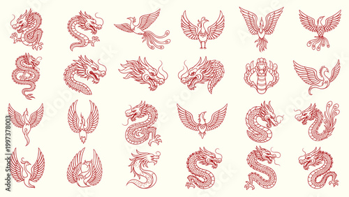 Dragon phoenix red line art set birds pair vector illustration oriental motif icon pack