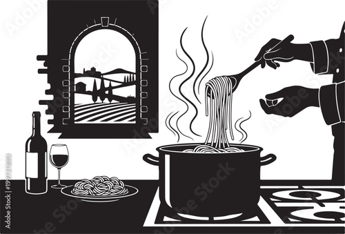 Black and white of a person cooking spaghetti on a stovetop
