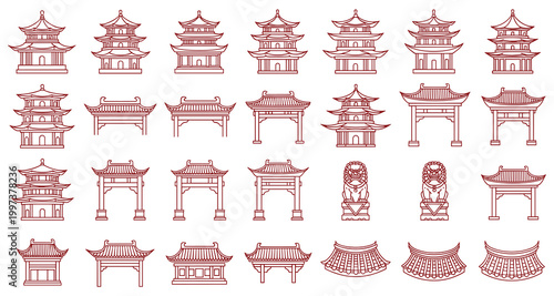 Pagoda elements chinese temple roof eaves tiered ornate gateway vector illustration pagoda set